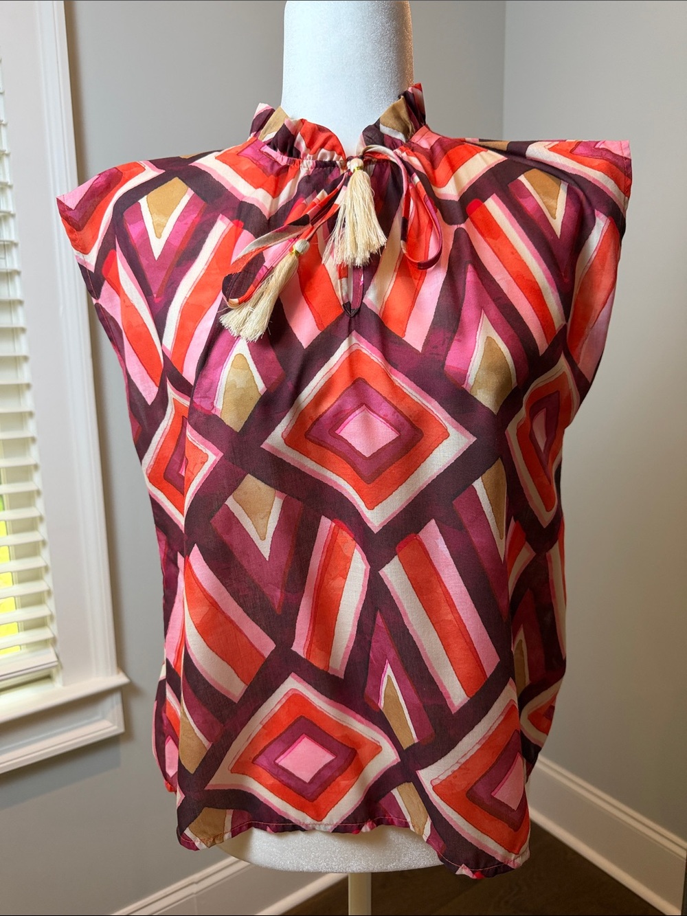 THML Sleeveless Geometric Tie-Neck Blouse in Pink, Red & Tan. Size Small.
